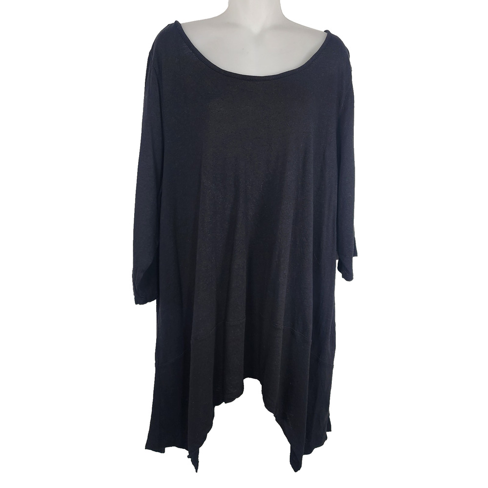 Tahari Women Top 2X Linen Lyocell Lagen Shark Bite Hem Lightweight Scoop Black